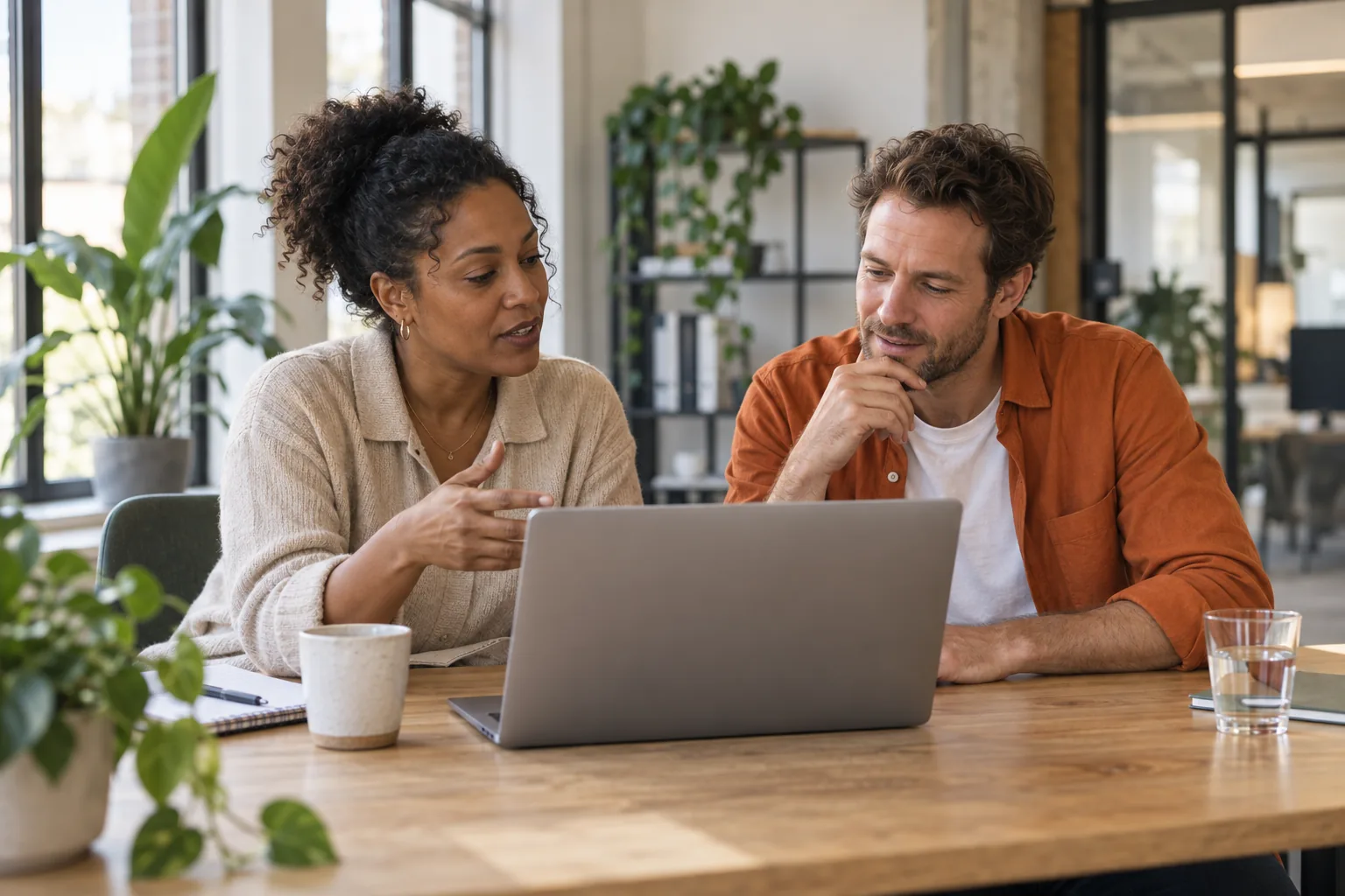 Twee collega's kijken samen naar een laptop