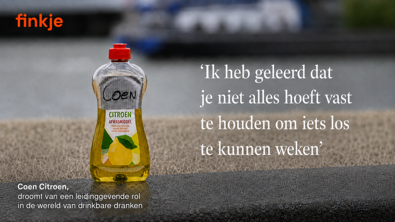 Coen Citroen afwasmiddel met het finkje logo, op een natte ondergrond bij de Maas
