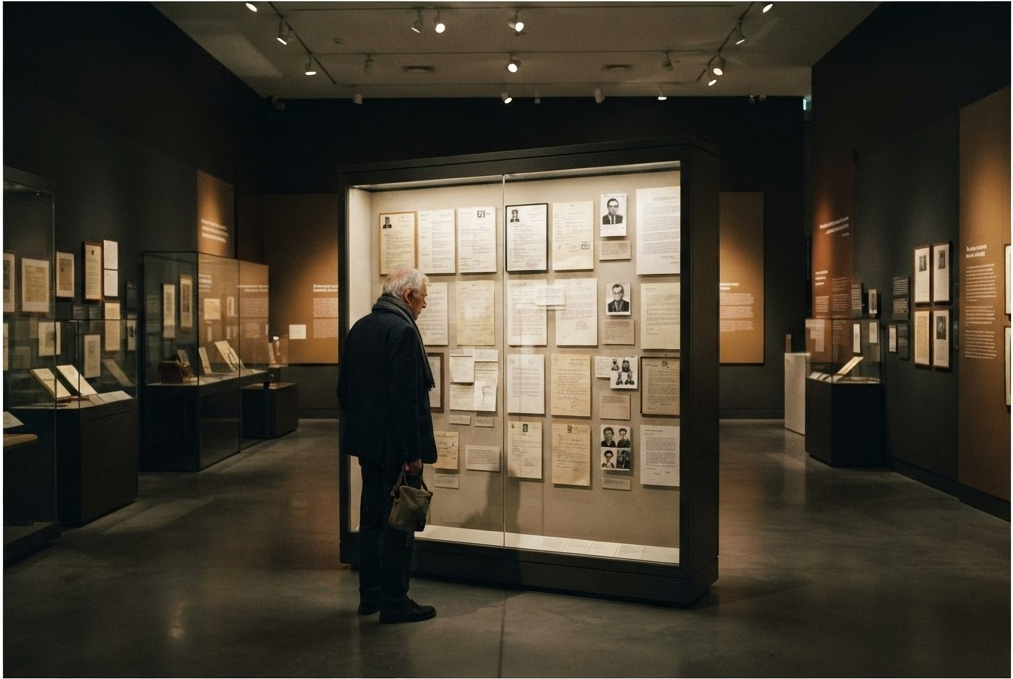 Museumzaal met ingelijste cv's achter glas en gedimde spotverlichting